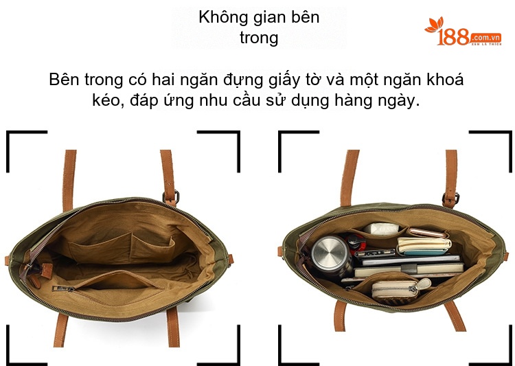 Túi Xách Tay Nữ Vải Canvas Da Thật Đeo Chéo Màu Xanh Rêu, Xám, Nâu, Trắng Kem... chi tiết 13