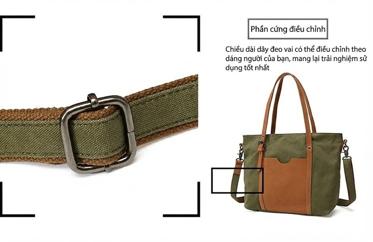 Túi Xách Tay Nữ Vải Canvas Da Thật Đeo Chéo Màu Xanh Rêu, Xám, Nâu, Trắng Kem... chi tiết 11