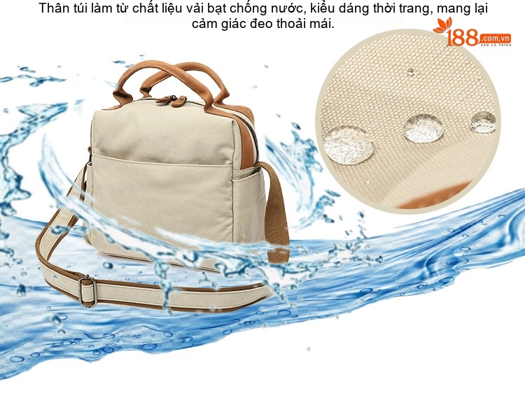 Túi Xách Tay Nữ Vải Canvas Chống Nước Da Thật Màu Nâu, Đen, Kem chi tiết 2