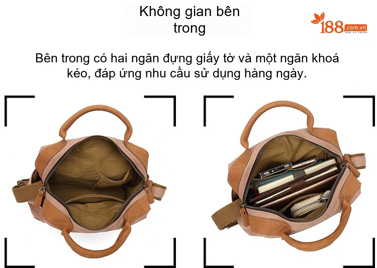 Túi Xách Tay Nữ Vải Canvas Chống Nước Da Thật Màu Nâu, Đen, Kem chi tiết 13