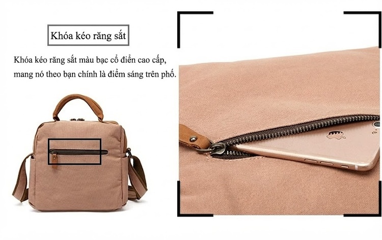 Túi Xách Tay Nữ Vải Canvas Chống Nước Da Thật Màu Nâu, Đen, Kem chi tiết 10