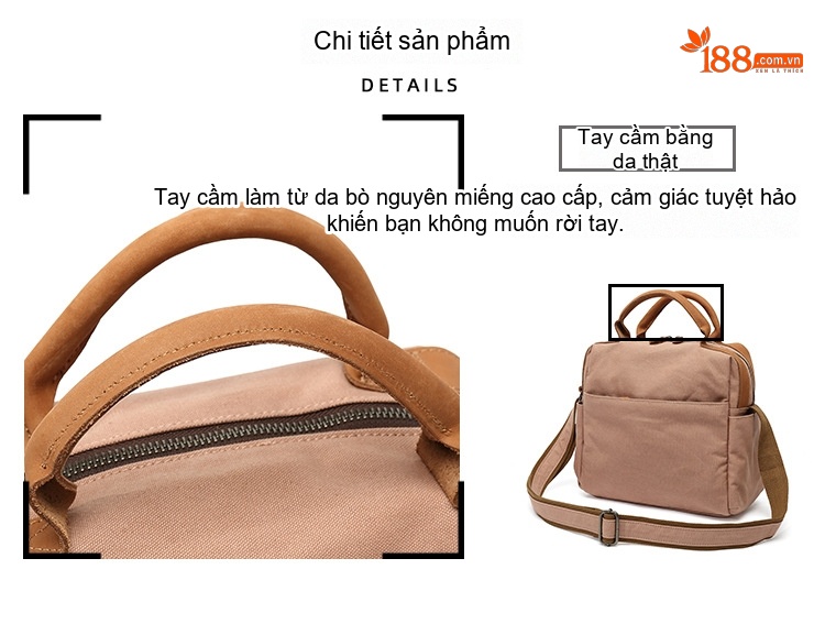 Túi Xách Tay Nữ Vải Canvas Chống Nước Da Thật Màu Nâu, Đen, Kem chi tiết 9
