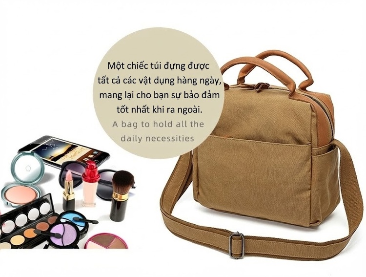 Túi Xách Tay Nữ Vải Canvas Chống Nước Da Thật Màu Nâu, Đen, Kem chi tiết 14