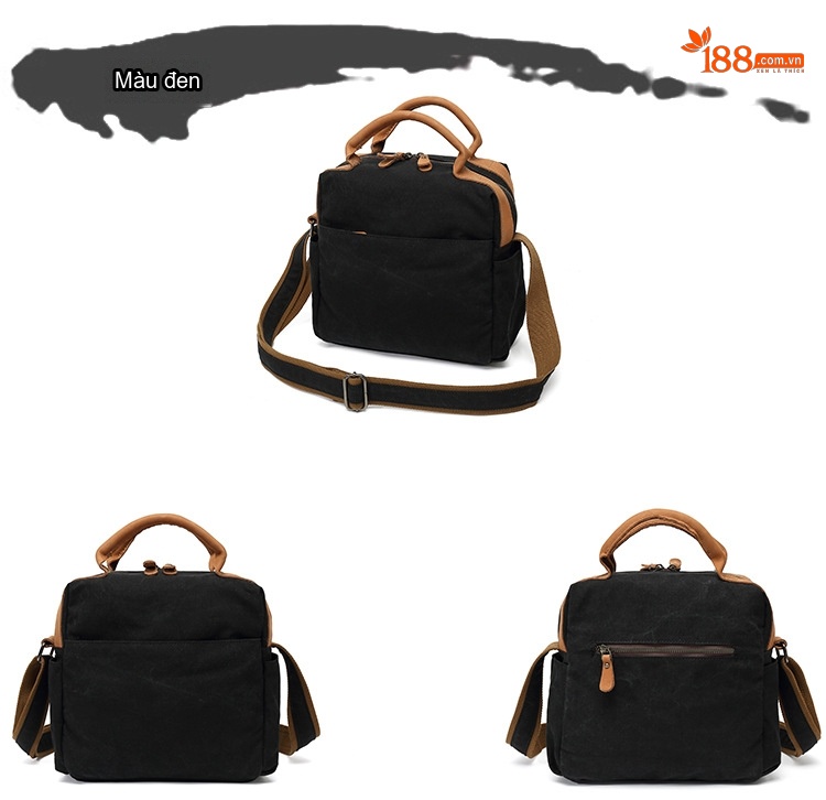 Túi Xách Tay Nữ Vải Canvas Chống Nước Da Thật Màu Nâu, Đen, Kem chi tiết 7