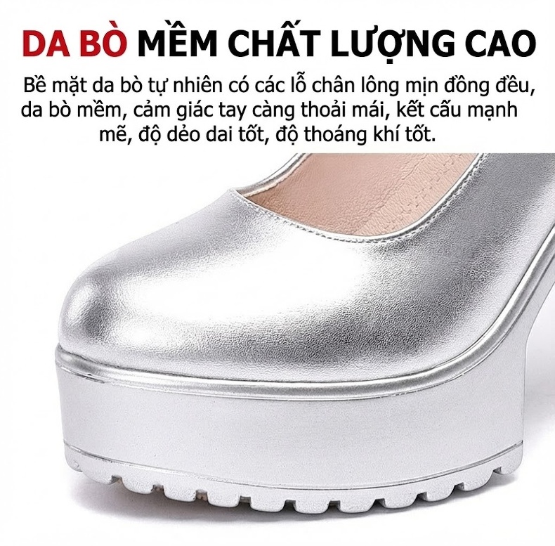 Giày Cao Gót Nữ Quai Ngang Da Bóng Chiều Cao Đế Khoảng 12cm Màu Bạc, Đỏ, Trắng... chi tiết 9