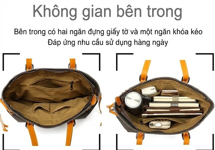 Túi Tote Nữ Vải Canvas Da Thật Chống Thấm Nước Túi Đeo Chéo Một Bên Vai Màu Xám, Đen, Nâu, Kem... chi tiết 14