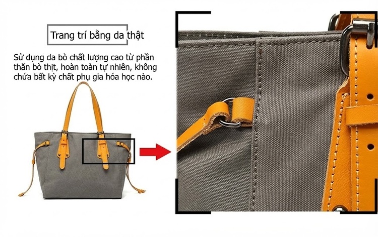 Túi Tote Nữ Vải Canvas Da Thật Chống Thấm Nước Túi Đeo Chéo Một Bên Vai Màu Xám, Đen, Nâu, Kem... chi tiết 11