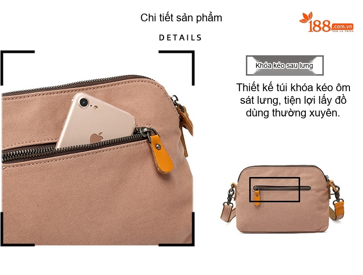 Túi Đeo Chéo Nữ Vải Canvas Da Thật Túi Hộp Chữ Nhật Màu Nâu, Đen, Xám, Trắng... chi tiết 10