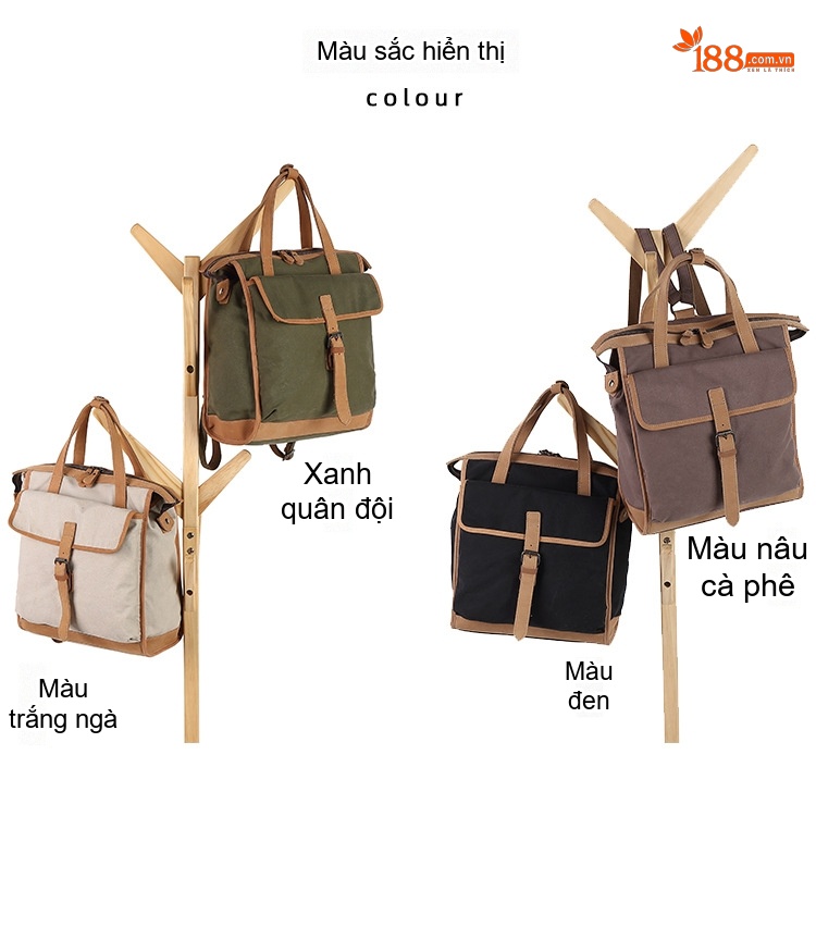 Balo Đôi Nữ Vải Canvas Chống Nước Quai Xách Da Thật Màu Xanh, Nâu, Kem, Đen... chi tiết 5