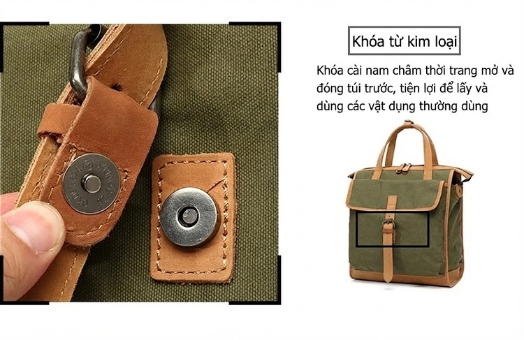Balo Đôi Nữ Vải Canvas Chống Nước Quai Xách Da Thật Màu Xanh, Nâu, Kem, Đen... chi tiết 12