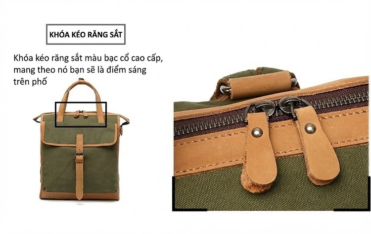 Balo Đôi Nữ Vải Canvas Chống Nước Quai Xách Da Thật Màu Xanh, Nâu, Kem, Đen... chi tiết 11