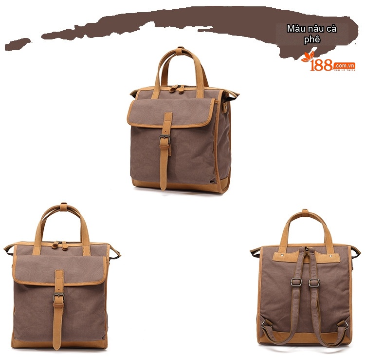 Balo Đôi Nữ Vải Canvas Chống Nước Quai Xách Da Thật Màu Xanh, Nâu, Kem, Đen... chi tiết 8