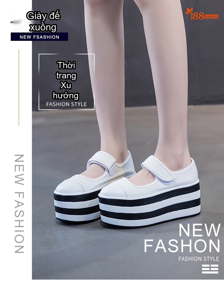 Giày Búp Bê Nữ Da, Vải Bạt Chiều Cao Đế 8cm Màu Trắng, Đen chi tiết 1
