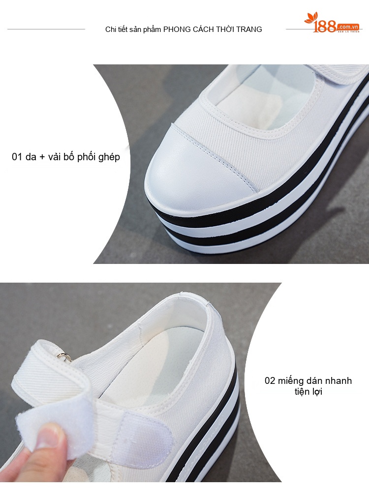 Giày Búp Bê Nữ Da, Vải Bạt Chiều Cao Đế 8cm Màu Trắng, Đen chi tiết 5