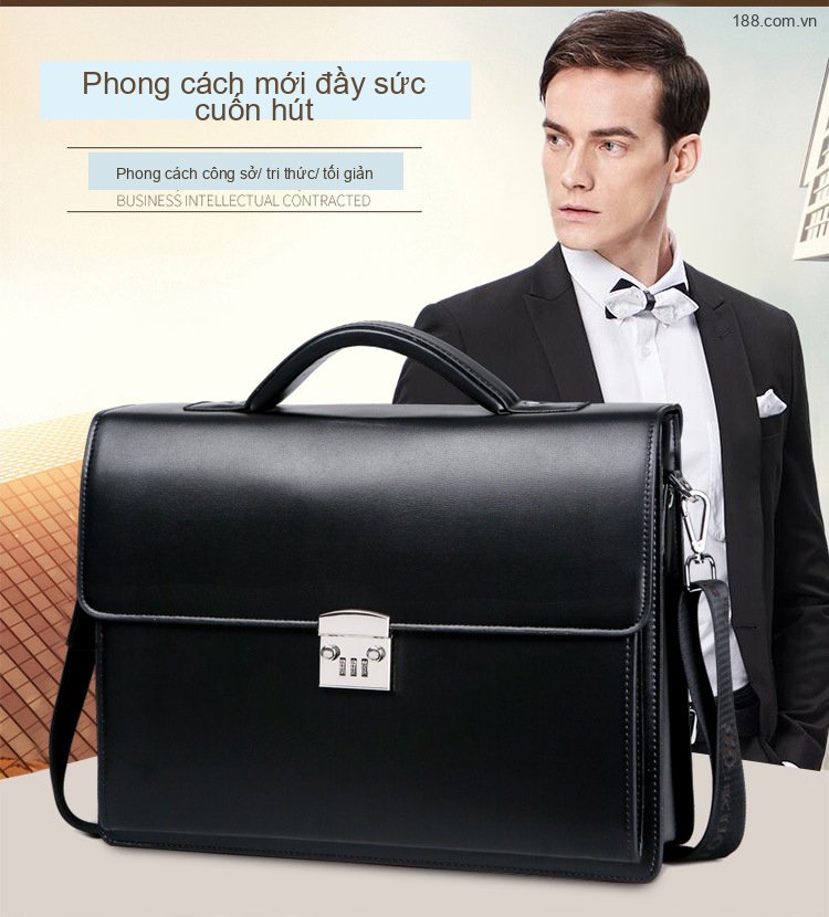 Cặp Túi Xách Tay Nam Công Sở Da Bóng Khóa Số Chống Trộm, Chống Nước Đựng Laptop Màu Đen, Nâu chi tiết 3