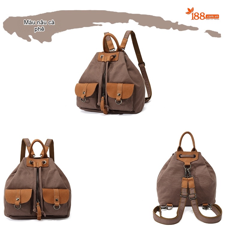 Balo Nữ Vải Canvas Chống Nước Quai Da Thật Màu Nâu, Đen, Kem, Xanh... chi tiết 10