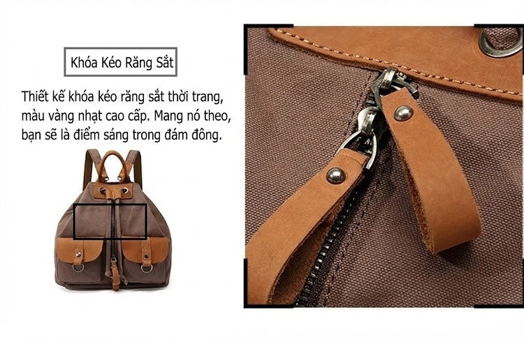 Balo Nữ Vải Canvas Chống Nước Quai Da Thật Màu Nâu, Đen, Kem, Xanh... chi tiết 14