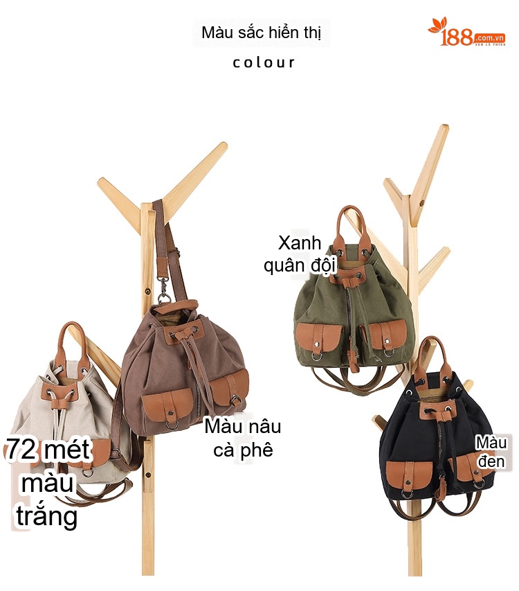 Balo Nữ Vải Canvas Chống Nước Quai Da Thật Màu Nâu, Đen, Kem, Xanh... chi tiết 6