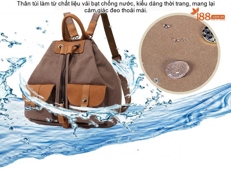 Balo Nữ Vải Canvas Chống Nước Quai Da Thật Màu Nâu, Đen, Kem, Xanh... chi tiết 2