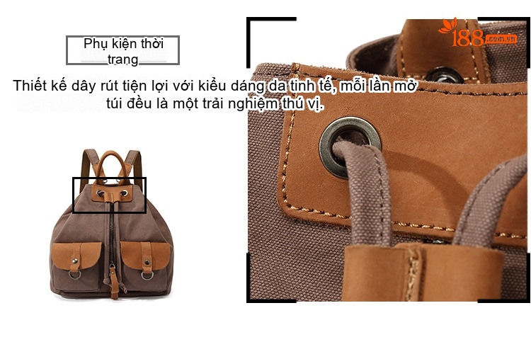 Balo Nữ Vải Canvas Chống Nước Quai Da Thật Màu Nâu, Đen, Kem, Xanh... chi tiết 12