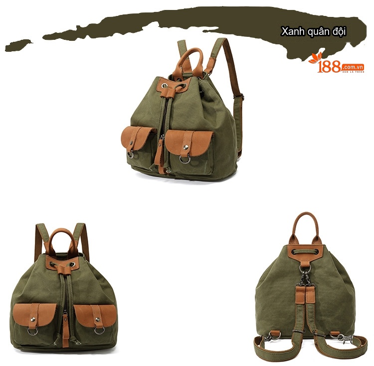 Balo Nữ Vải Canvas Chống Nước Quai Da Thật Màu Nâu, Đen, Kem, Xanh... chi tiết 9