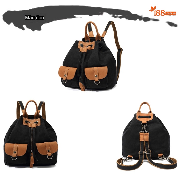 Balo Nữ Vải Canvas Chống Nước Quai Da Thật Màu Nâu, Đen, Kem, Xanh... chi tiết 8