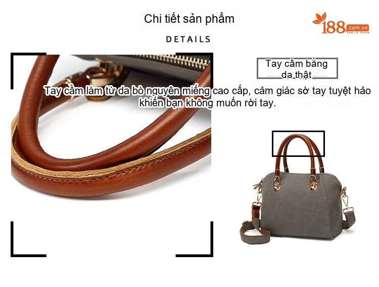 Túi Xách Tay Nữ Vải Canvas Chống Nước Da Thật Túi Đeo Chéo Một Bên Vai Màu Xám, Đen, Trắng, Hồng... chi tiết 9