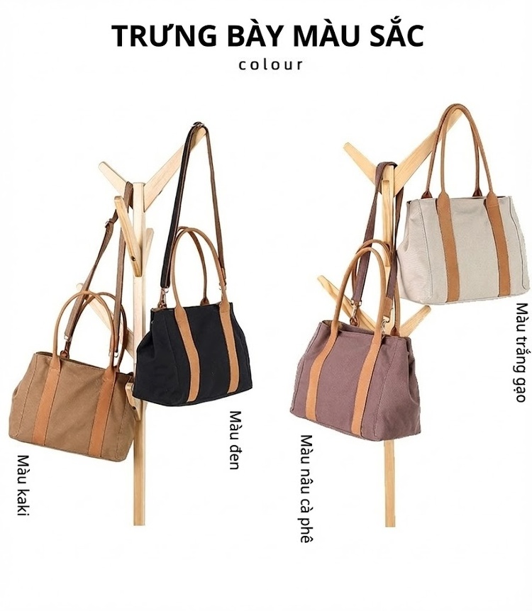 Túi Xách Tay Nữ Vải Canvas Da Thật Đeo Chéo Màu Nâu, Đen, Xám, Trắng... chi tiết 5