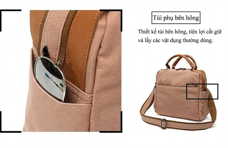 Túi Xách Tay Nữ Vải Canvas Chống Nước Da Thật Màu Nâu, Đen, Kem chi tiết 11