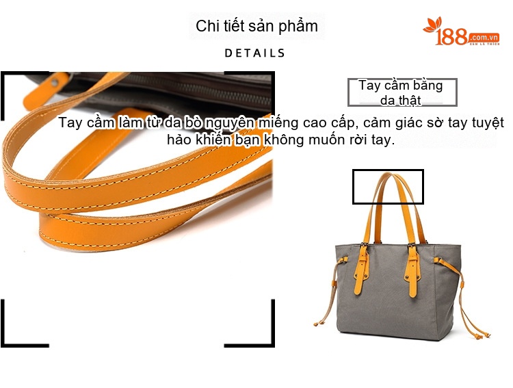Túi Tote Nữ Vải Canvas Da Thật Chống Thấm Nước Túi Đeo Chéo Một Bên Vai Màu Xám, Đen, Nâu, Kem... chi tiết 10