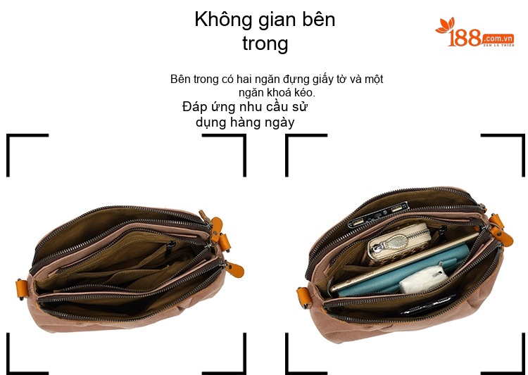 Túi Đeo Chéo Nữ Vải Canvas Da Thật Túi Hộp Chữ Nhật Màu Nâu, Đen, Xám, Trắng... chi tiết 14