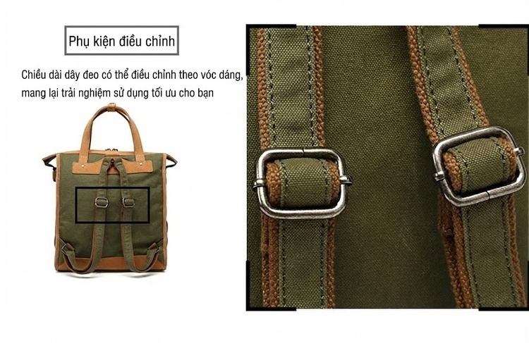 Balo Đôi Nữ Vải Canvas Chống Nước Quai Xách Da Thật Màu Xanh, Nâu, Kem, Đen... chi tiết 13