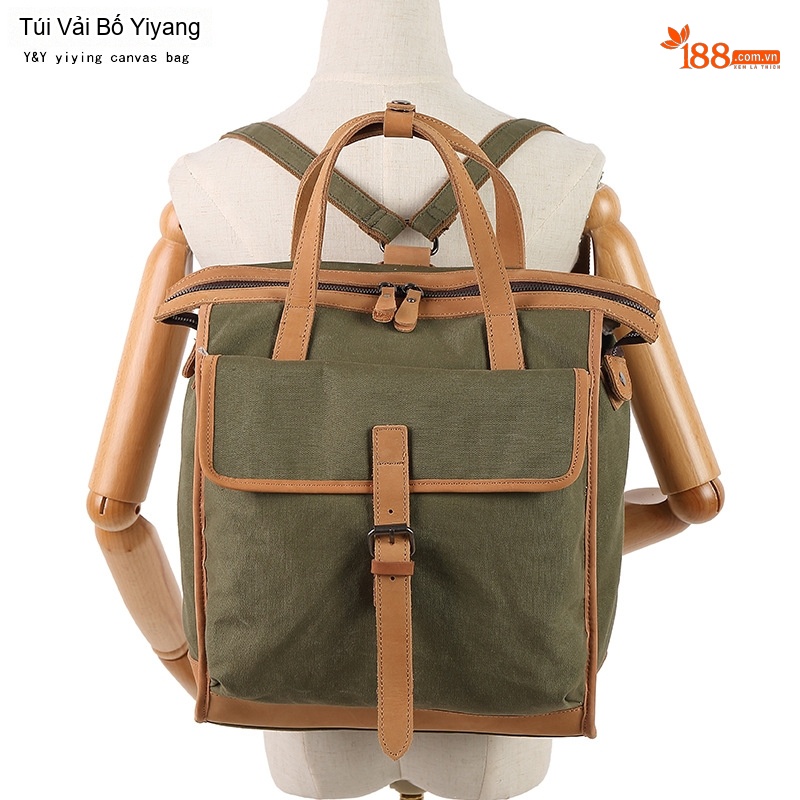 Balo Đôi Nữ Vải Canvas Chống Nước Quai Xách Da Thật Màu Xanh, Nâu, Kem, Đen...