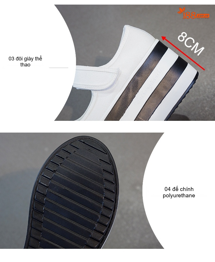 Giày Búp Bê Nữ Da, Vải Bạt Chiều Cao Đế 8cm Màu Trắng, Đen chi tiết 6