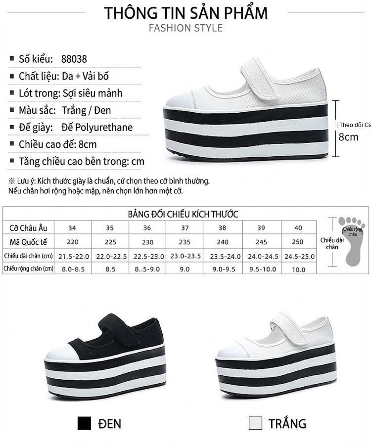 Giày Búp Bê Nữ Da, Vải Bạt Chiều Cao Đế 8cm Màu Trắng, Đen chi tiết 4