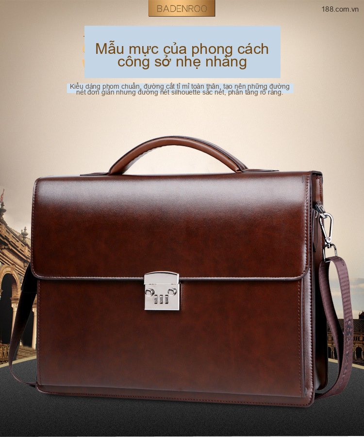 Cặp Túi Xách Tay Nam Công Sở Da Bóng Khóa Số Chống Trộm, Chống Nước Đựng Laptop Màu Đen, Nâu chi tiết 1