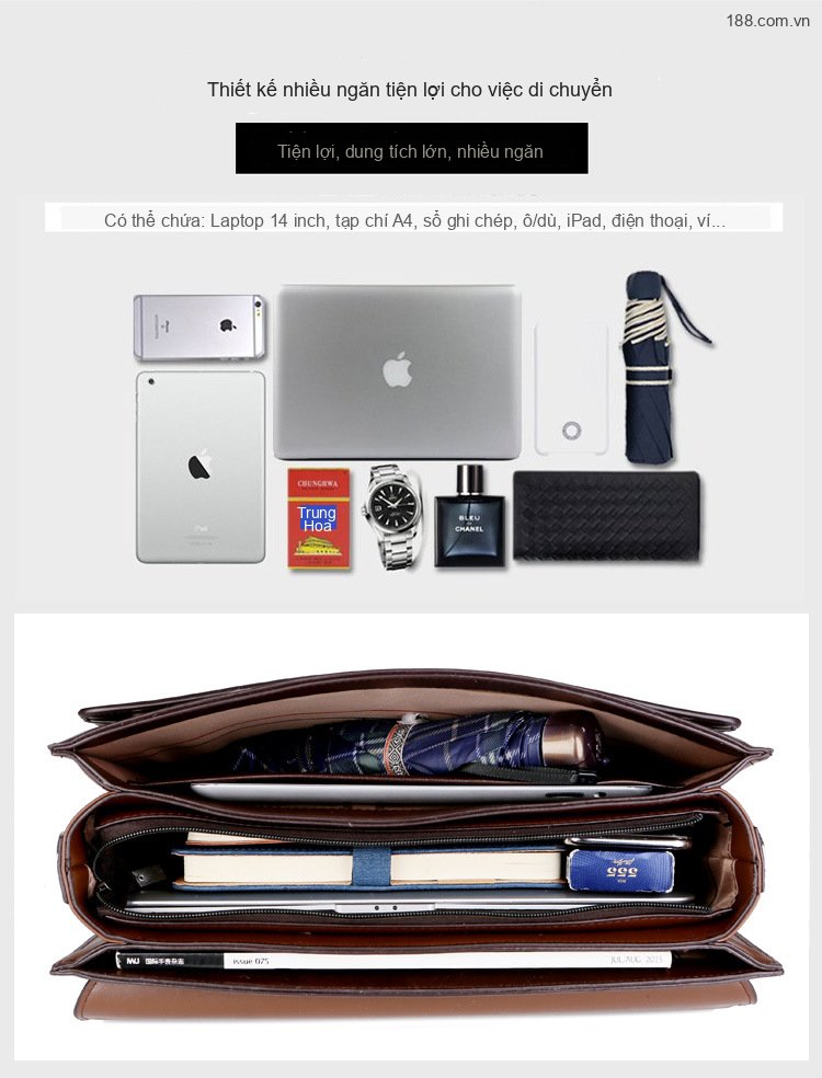 Cặp Túi Xách Tay Nam Công Sở Da Bóng Khóa Số Chống Trộm, Chống Nước Đựng Laptop Màu Đen, Nâu chi tiết 10