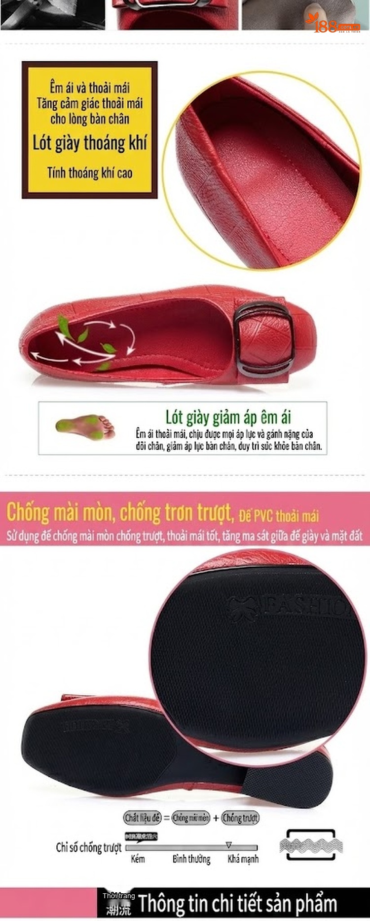 Giày Búp Bê Nữ Da Thật Gót Vuông Chiều Cao Đế Khoảng 3cm Màu Đỏ, Kem, Đen chi tiết 4