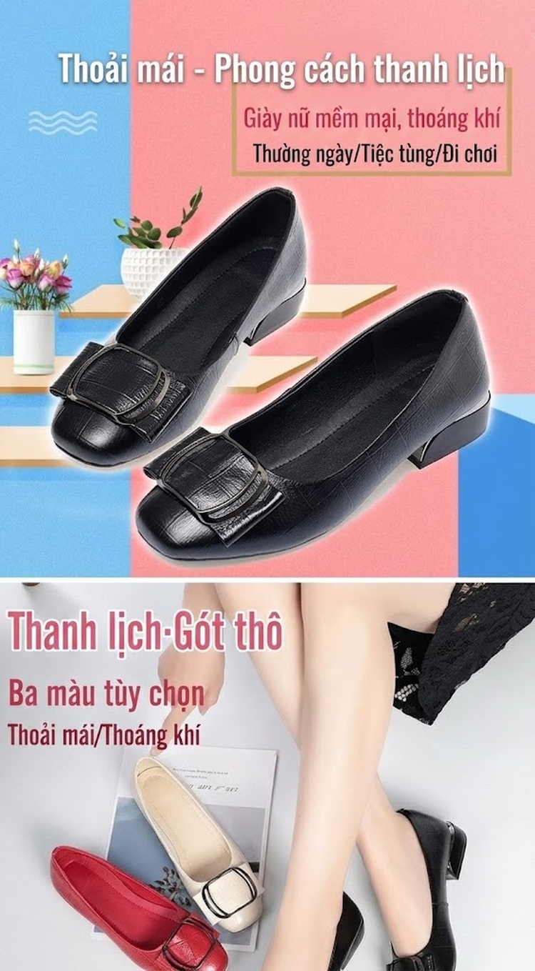 Giày Búp Bê Nữ Da Thật Gót Vuông Chiều Cao Đế Khoảng 3cm Màu Đỏ, Kem, Đen chi tiết 1
