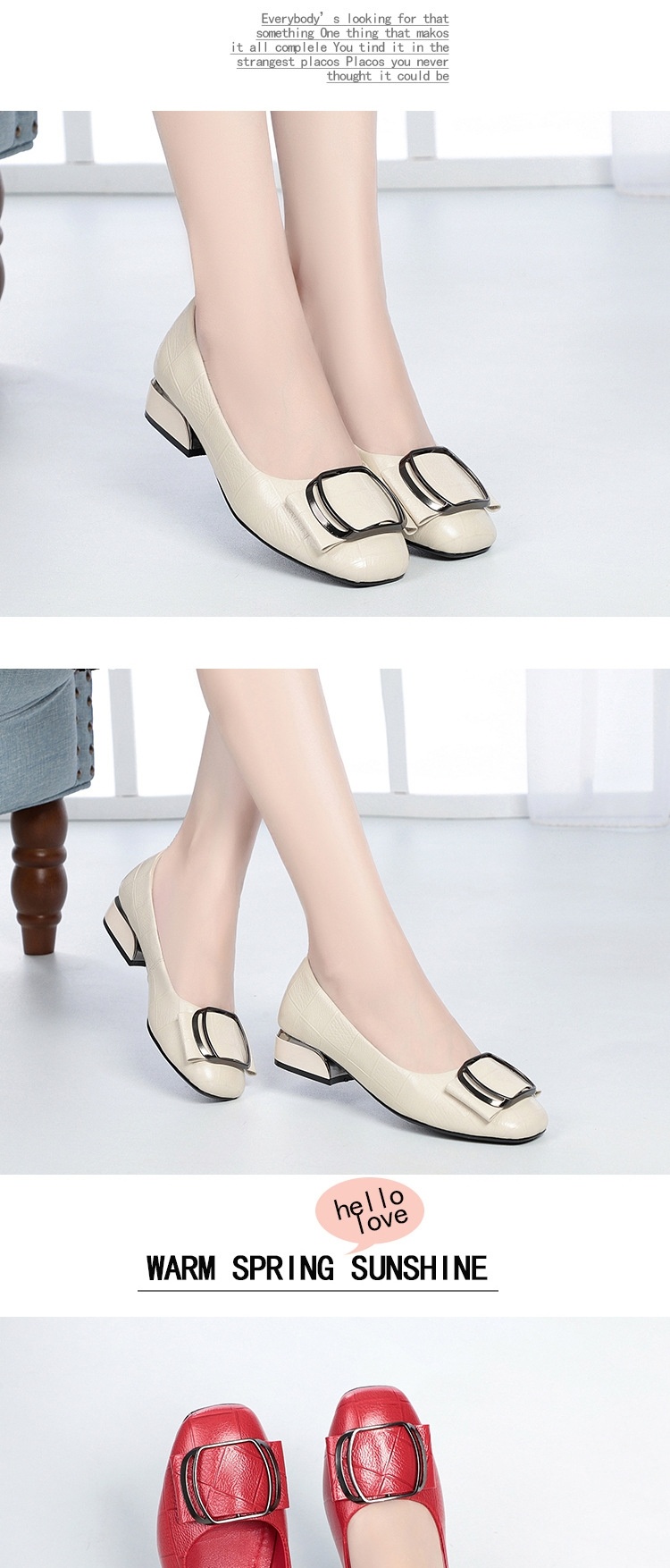 Giày Búp Bê Nữ Da Thật Gót Vuông Chiều Cao Đế Khoảng 3cm Màu Đỏ, Kem, Đen chi tiết 7