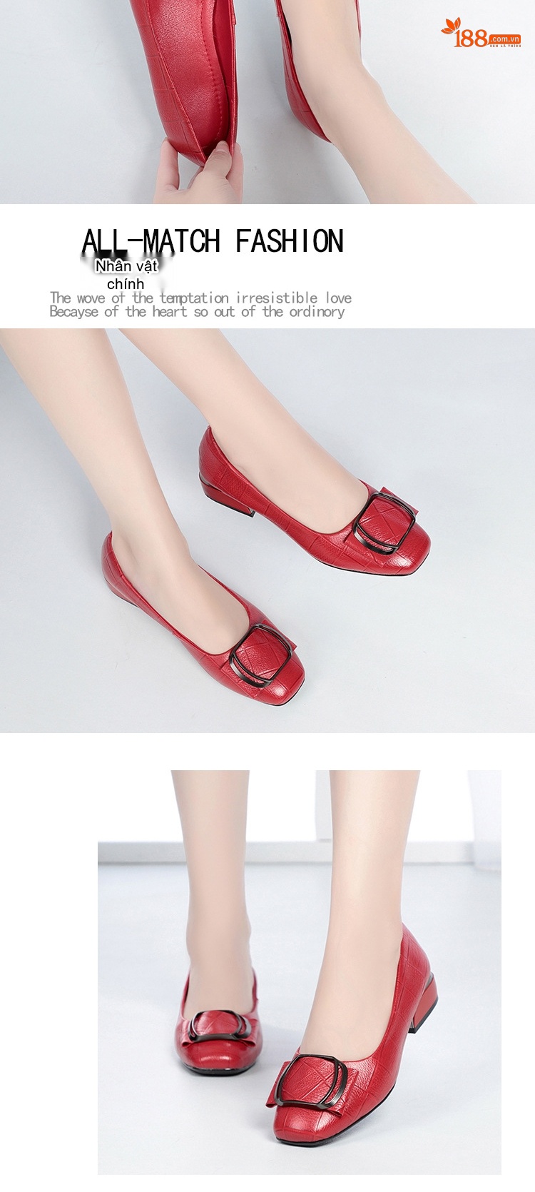 Giày Búp Bê Nữ Da Thật Gót Vuông Chiều Cao Đế Khoảng 3cm Màu Đỏ, Kem, Đen chi tiết 8