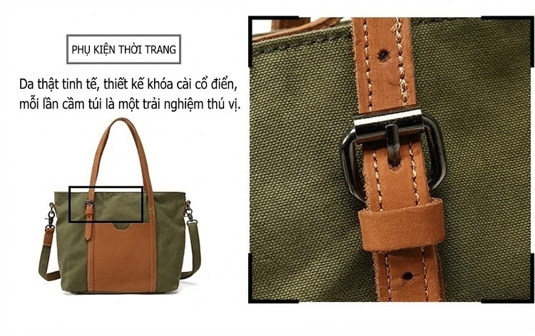 Túi Xách Tay Nữ Vải Canvas Da Thật Đeo Chéo Màu Xanh Rêu, Xám, Nâu, Trắng Kem... chi tiết 10