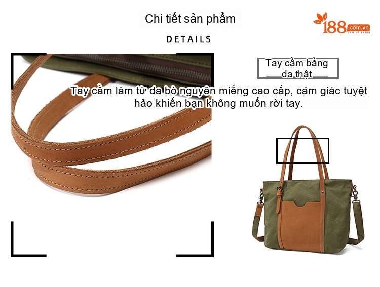 Túi Xách Tay Nữ Vải Canvas Da Thật Đeo Chéo Màu Xanh Rêu, Xám, Nâu, Trắng Kem... chi tiết 9
