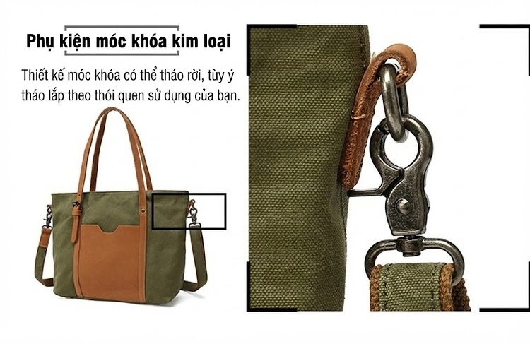 Túi Xách Tay Nữ Vải Canvas Da Thật Đeo Chéo Màu Xanh Rêu, Xám, Nâu, Trắng Kem... chi tiết 12