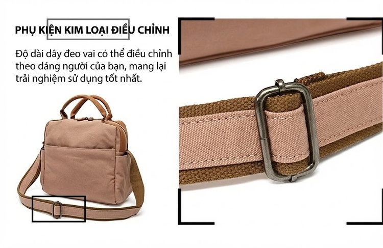 Túi Xách Tay Nữ Vải Canvas Chống Nước Da Thật Màu Nâu, Đen, Kem chi tiết 12