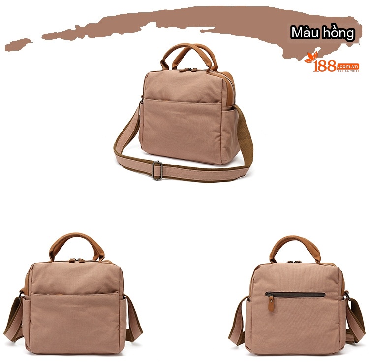 Túi Xách Tay Nữ Vải Canvas Chống Nước Da Thật Màu Nâu, Đen, Kem chi tiết 8