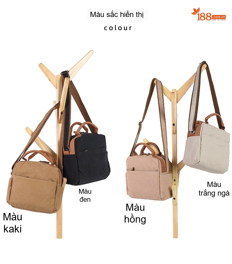 Túi Xách Tay Nữ Vải Canvas Chống Nước Da Thật Màu Nâu, Đen, Kem chi tiết 5