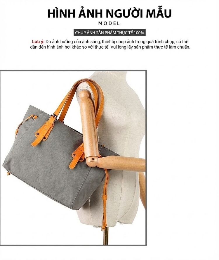 Túi Tote Nữ Vải Canvas Da Thật Chống Thấm Nước Túi Đeo Chéo Một Bên Vai Màu Xám, Đen, Nâu, Kem... chi tiết 3