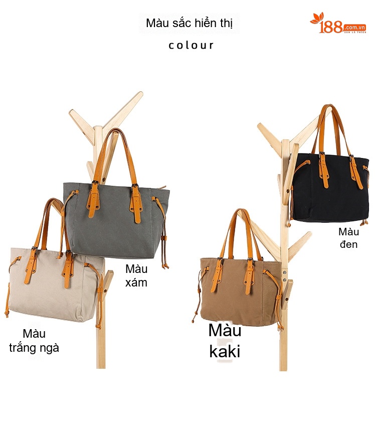 Túi Tote Nữ Vải Canvas Da Thật Chống Thấm Nước Túi Đeo Chéo Một Bên Vai Màu Xám, Đen, Nâu, Kem... chi tiết 5