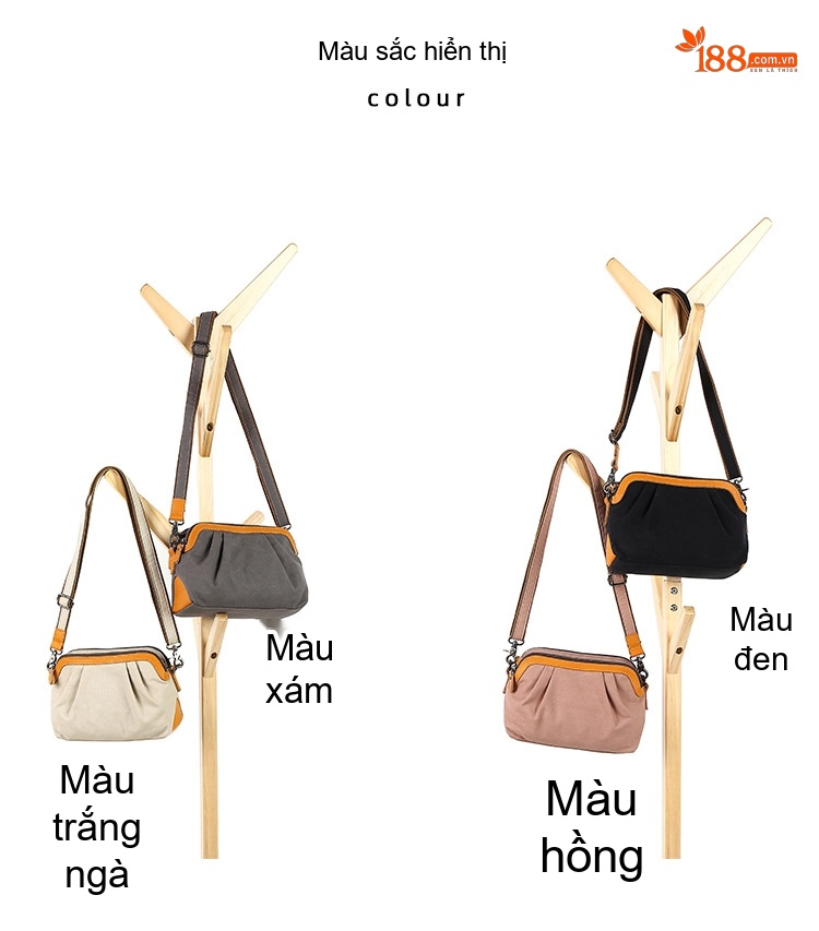 Túi Đeo Chéo Nữ Vải Canvas Da Thật Túi Hộp Chữ Nhật Màu Nâu, Đen, Xám, Trắng... chi tiết 5